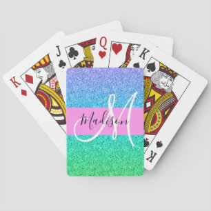 Jeu De Cartes Glam Bleu Vert Paillettes Brillant Dégradé Monogra