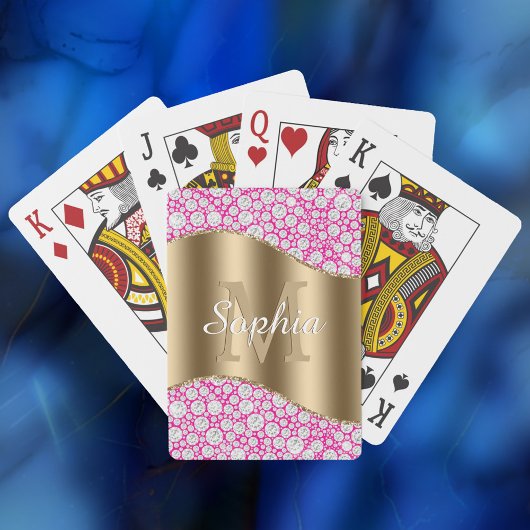 Jeu De Cartes Glam Diamonds Fuchsia, Monogramme Or, Nom du scrip
