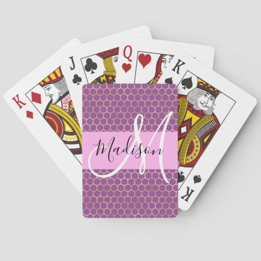 Jeu De Cartes Glam Fuchsia Métallic Rose Nid d'abeille Monogramm (dos)