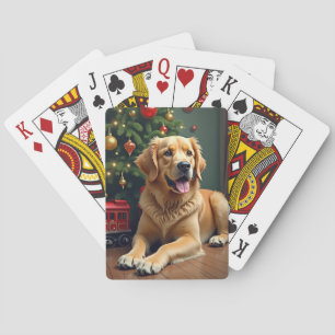 Jeu De Cartes Golden Retriever près du train jouet de Noël