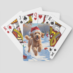 Jeu De Cartes Goldendoodle Courir en neige avec Casquette de Noë