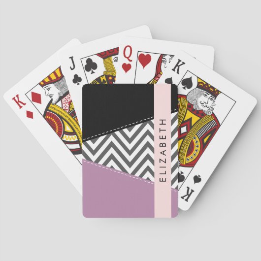 Jeu De Cartes Grey Zigzag, Grey Chevron, Purple, Votre Nom (dos)