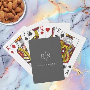 Jeu De Cartes Gris élégant Monogramme & Nom blanc, Gris foncé