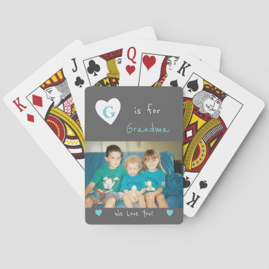 Jeu De Cartes Gris et turquoise avec nom et photo (dos)