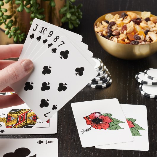 Jeu De Cartes Hibiscus rouge tropical avec Feuilles verts
