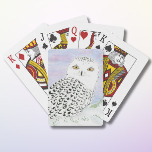 Jeu De Cartes Hibou Blanc Au Coucher De Soleil D'Hiver Au Crayon