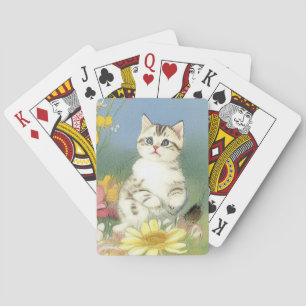 Jeu De Cartes Illustration de Kitten vintage avec Fleurs Jaunes