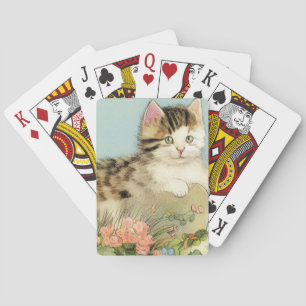 Jeu De Cartes Illustration vintage de chat avec fleurs roses