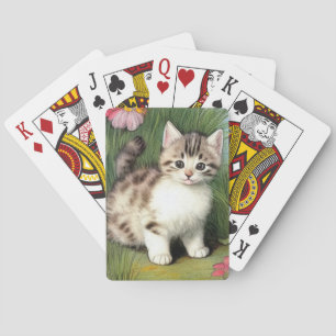 Jeu De Cartes Illustration vintage de chat avec Fleurs rouges