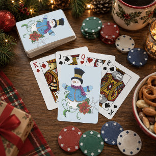 Jeu De Cartes Joli Bonhomme de Neige Bleu d'Hiver Poinsettia Noë