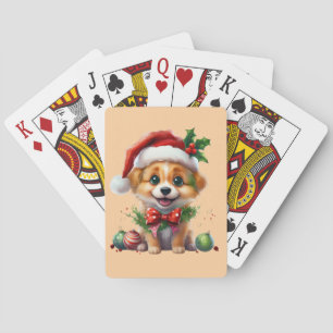 Jeu De Cartes Joli chiot de Noël avec le chapeau de Père Noël et