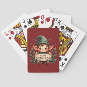 Jeu De Cartes Joli Lutin de Noël Tenant un Panneau Joyeux Rouge