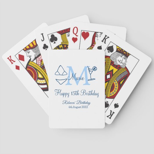 Jeu De Cartes Joyeux 15e anniversaire bleu ajouter nom monogramm (dos)
