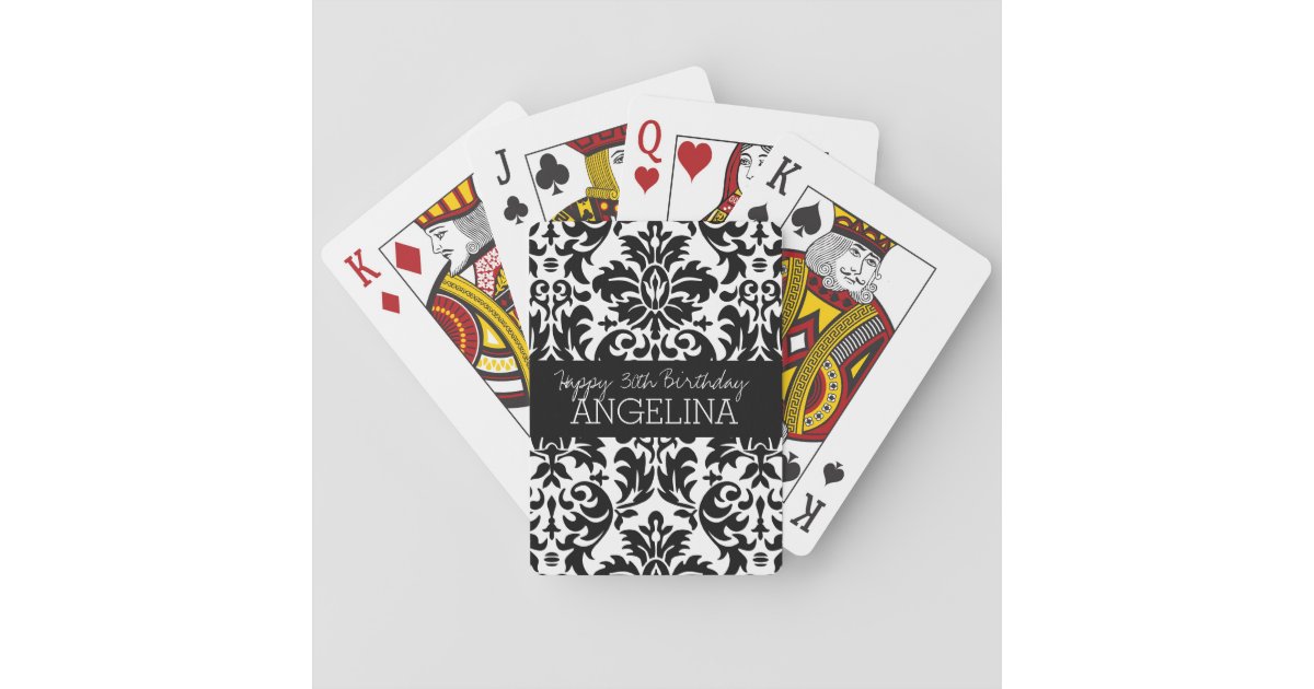 Jeu De Cartes Joyeux Anniversaire Avec Un Damas Noir Et Blanc Te Zazzle Be