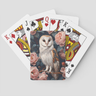 Jeu De Cartes La Chouette D'Écorce Perchée Parmi Les Roses Roses