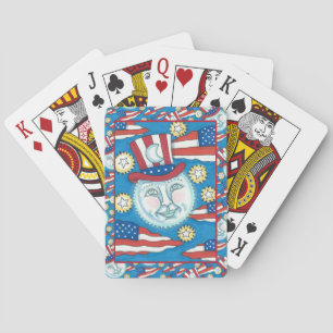 JEU DE CARTES L'AMÉRICANA FOLK ART PATRIOTIQUE HOMME DANS LA LUN