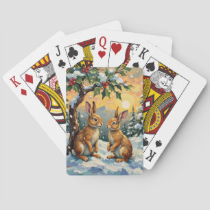 Jeu De Cartes Lapins Vintage sous l'Arbre de Houx Noël