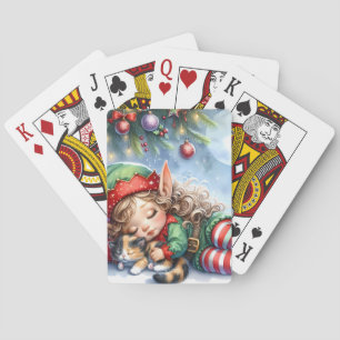 Jeu De Cartes L'elfe de Noël endormi avec un chaton calicot