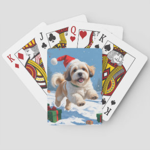 Jeu De Cartes Lhasa Apso courant dans la neige avec un chapeau d
