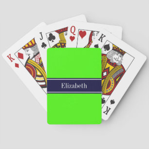 Jeu De Cartes Lime solide vert, ruban bleu marine Nom Monogramme
