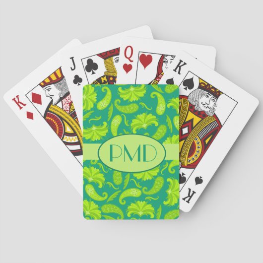 Jeu De Cartes Lime Vert & Monogramme Turquoise Nom Paris Paisley (dos)