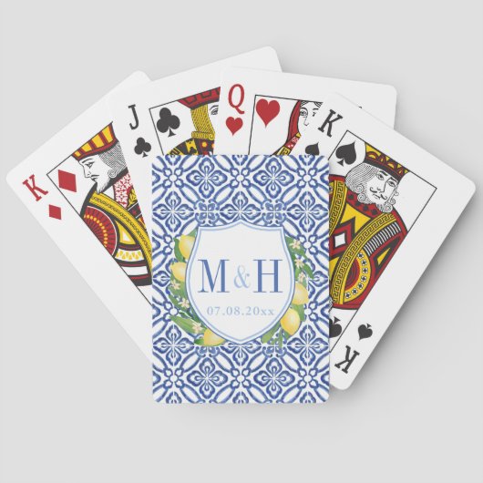 Jeu De Cartes Logo du Mariage de Carrelage Bleu Citron Blanc Méd (dos)