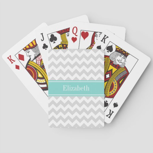 Jeu De Cartes Lt Gris Chevron Blanc ZigZag Aqua Monogramme Nom (dos)