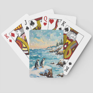 Jeu De Cartes Manchots vintage sur une falaise côtière enneigée 