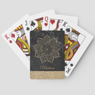 Jeu De Cartes Mandala de fausse brillance dorée sur marbre noir