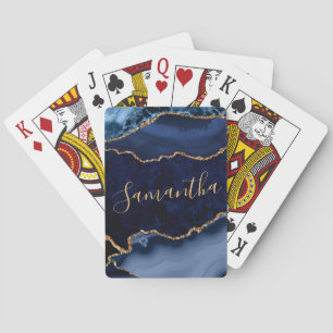 Jeu De Cartes Marbre Agate Bleu Marine et Paillettes de Faux Or