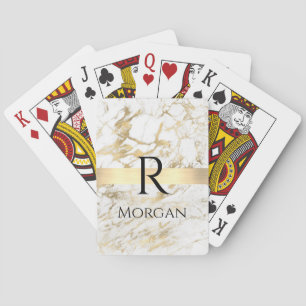 Jeu De Cartes Marbre Blanc & Or Barre Dorée, Monogramme Nom Noir