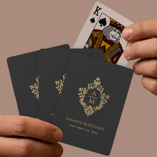 Jeu De Cartes Mariage élégant monogramme en or faux noir dans la