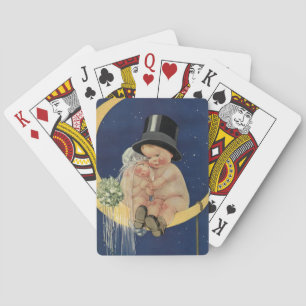 Jeu De Cartes Mariage Vintage, Jolie Mariée et Marié sur une Lun