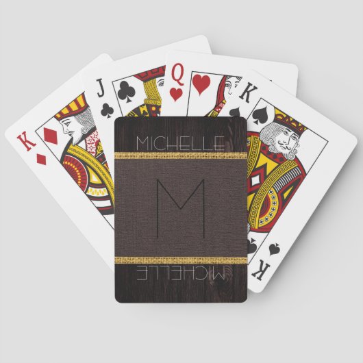 Jeu De Cartes Marron Monogramme Aspect Bois Toile Burlap Rustiqu (dos)