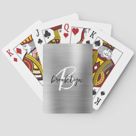 Jeu De Cartes Métal brossé argenté Noir Blanc Script Monogramme (dos)