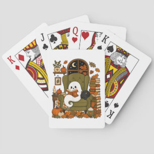 Jeu De Cartes Mignon Fantôme Lisant un Livre Chat Noir Automne C