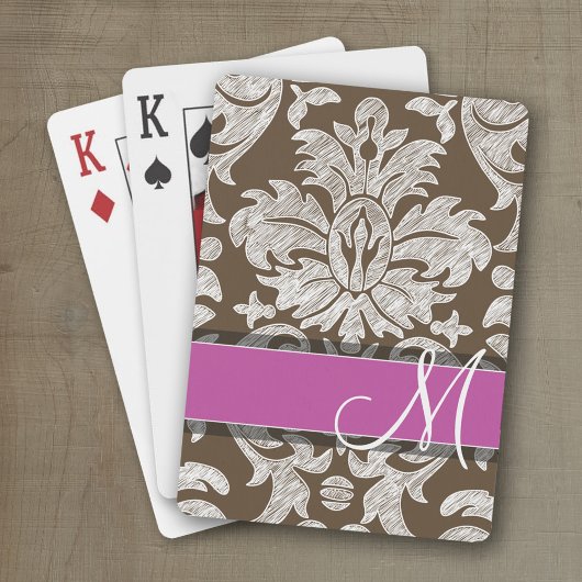 Jeu De Cartes Modèle de chocolat et de magenta Damask Monogramme