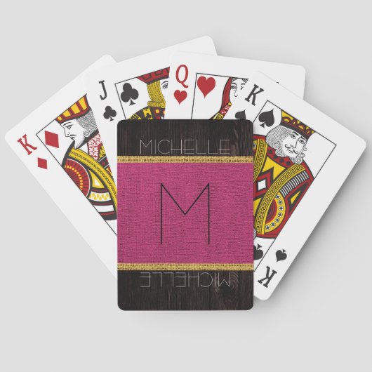 Jeu De Cartes Monogram Maroon Rustique Burlap Look bois (dos)