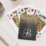 Jeu De Cartes Monogramme à étincelle noire à Parties scintillant<br><div class="desc">Personnalisez facilement ce design élégant et tendance de cartes à jouer avec une jolie parties scintillant dorée brillante sur un arrière - plan métallique brossé noir.</div>