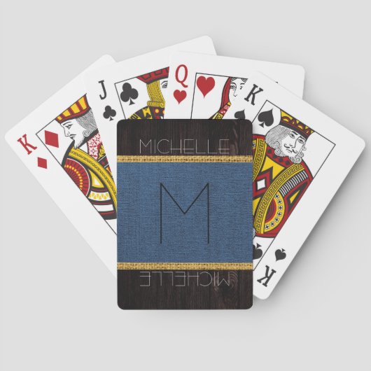 Jeu De Cartes Monogramme Bleu foncé Rustique Burlap Look bois (dos)