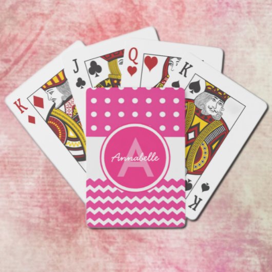 Jeu De Cartes Monogramme Chevron blanc rose personnalisé