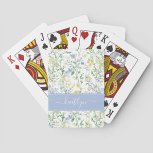 Jeu De Cartes Monogramme de fleur sauvage à l'aquarelle bleue