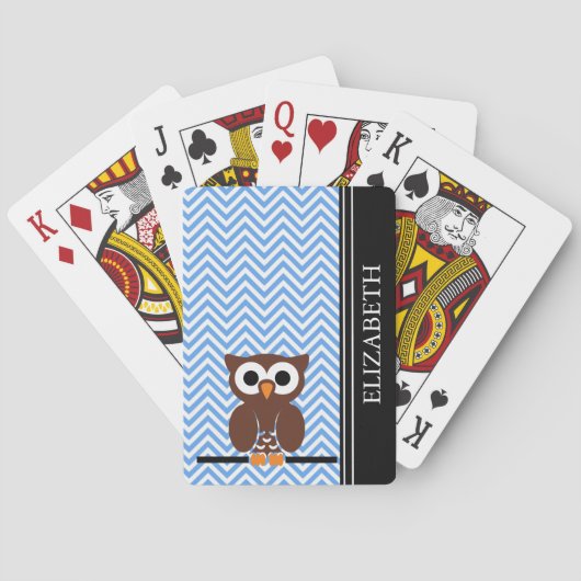 Jeu De Cartes Monogramme de hibou à chevron bleu Nom personnalis (dos)