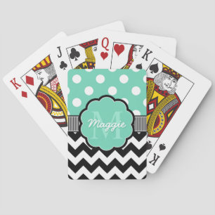 Jeu De Cartes Monogramme de menthe Pois noire Chevron