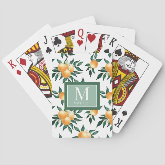 Jeu De Cartes Monogramme de nom à l'aquarelle Citrus Orange (dos)