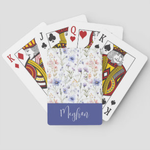 Jeu De Cartes Monogramme de nom de fleur sauvage bleue aquarelle