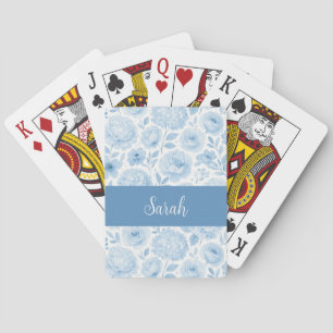 Jeu De Cartes Monogramme de nom floral aquarelle bleu blanc