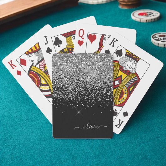 Jeu De Cartes Monogramme de nom girly à paillettes noir argenté