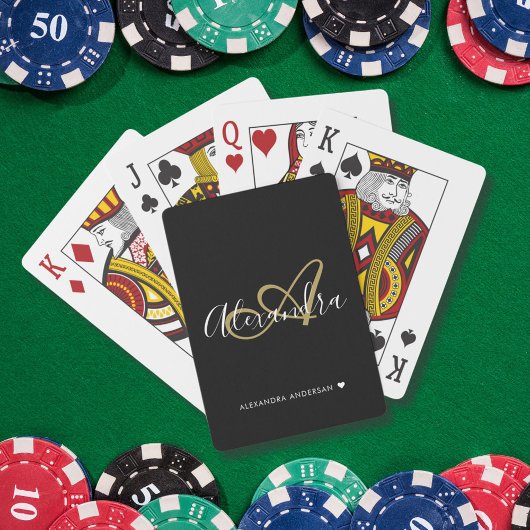 Jeu De Cartes Monogramme de nom initial de script or noir élégan