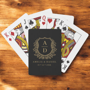 Jeu De Cartes Monogramme d'or noir Mariage Floral Crest